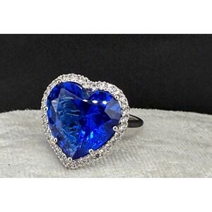 Rhinestone Ring Blue Heart Silver Tone Signed SW Size 9